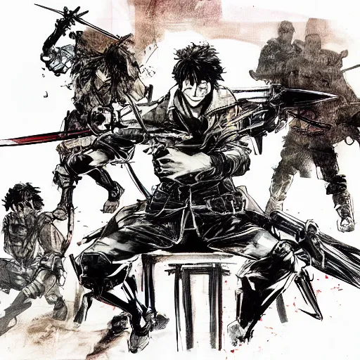 Prompt: hero sitting on a chair holding a sword on his back, looking at a army in the background illustrated by yoji shinkawa, pencil art, extra detail, dynamic, colored, blood, metal swords, clearly drawn, sharp lines