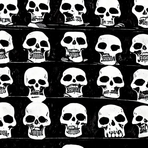 Image similar to Skulls lying on a shelf. Close Up Shot, Dark Fantasy, Film Noir, Black and White. High Contrast, Mike Mignola, D&D, OSR