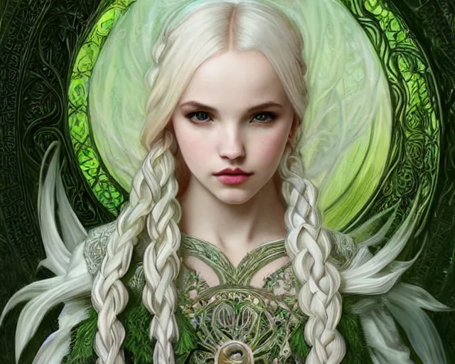 Prompt: gothic white mage blonde braided hair dove cameron wearing ethereal ivory carved bone armor looking into a deep well, green plants, intricate, elegant, highly detailed, digital painting, artstaion, concept art, smooth, sharp, focus, illustration, art by artgerm and alphonse mucha