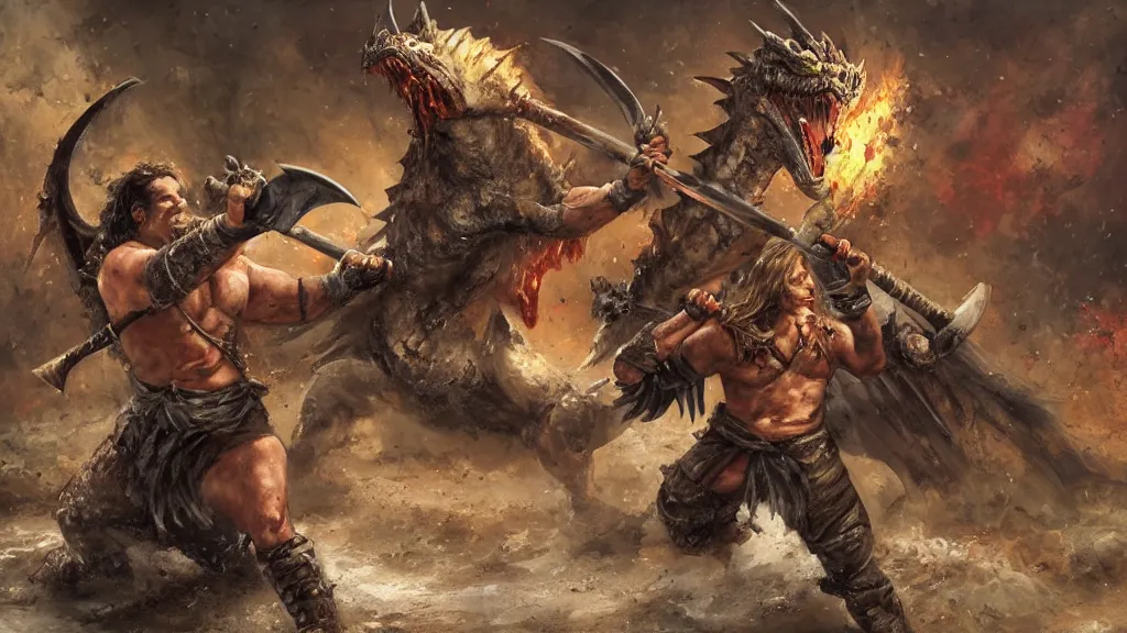 Image similar to a barbarian wielding an axe fighting a dragon