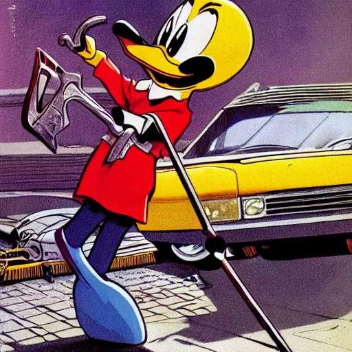 Prompt: shocking and horrifying picture of Donald Duck smashing his car with a hammer. leather jacket, black makeup. character design by Bruce Pennington, detailed, inked, western comic book art