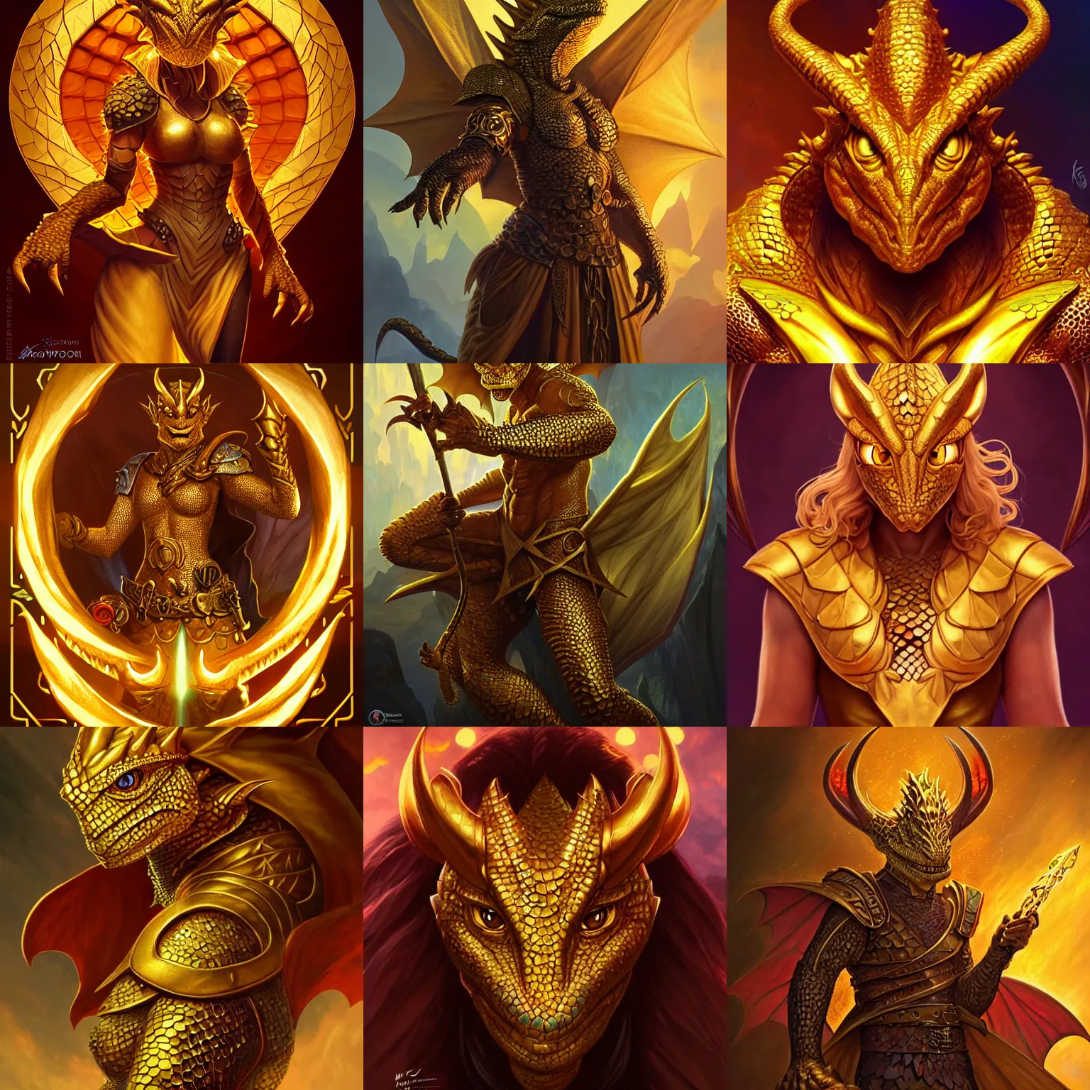 Prompt: dungeons and dragons character concept portrait, golden scaled dragonborn with lizard eyes, !!!gold scales!!!. Detailed, High quality, dynamic lighting, fantasy, Artwork by Artgerm, WLOP, Alex Ross, Greg Rutknowski, Alphonse Mucha