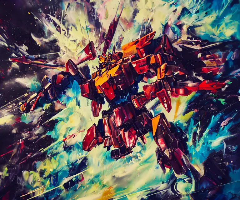 Prompt: acrylic and spraypaint action portrait of giant origami mecha gundam battling in space, explosions, graffiti wildstyle, large brush strokes, painting, paint drips, acrylic, clear shapes, spraypaint, smeared flowers, large triangular shapes, painting by totem 2, jeremy mann, masterpiece