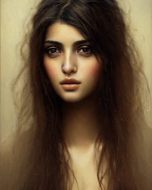 Image similar to a highly realistic, true to life portrait of a beautiful young middle eastern girl, soft focus, from the waist up, with sharp features, a beautiful face, soft smile, under studio lighting, taken with a canon eos camera with 1 3 5 mm focal length, art by karol bak, james jean, tom bagshaw, trending on artstation,