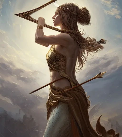 Image similar to aphrodite goddess wearing an arrow on her head, digital illustration, in the style of greg rutkowski, fantasy, amazing detail, epic, intricate, elegant, smooth, sharp focus