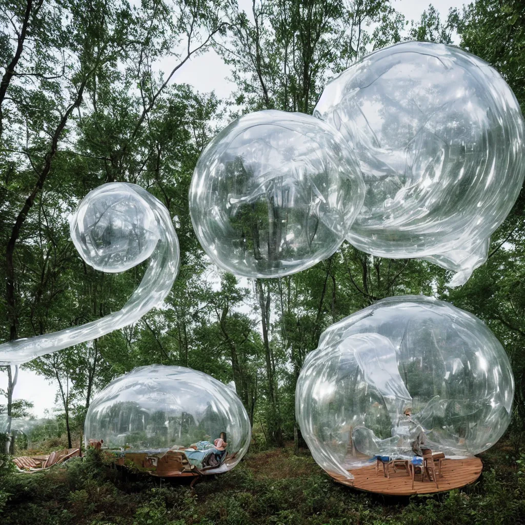 Prompt: an inflatable house made of clear plastic sheeting. The house is made of 3 inflated bubbles. The inflated house sits in a lake on the edge of a forest. A family is living inside the bubble house and it is furnished with contemporary furniture and art. The bubbles are connected with ladders and rope bridges. ultra wide shot, coronarender, 8k, photorealistic