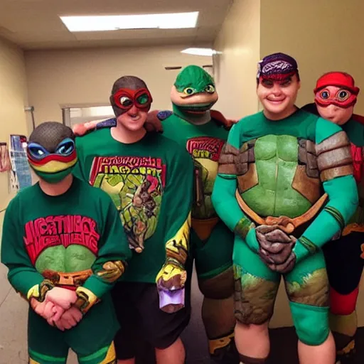 Prompt: teenage ninja mutant turtles wearing a jurassic park jersey