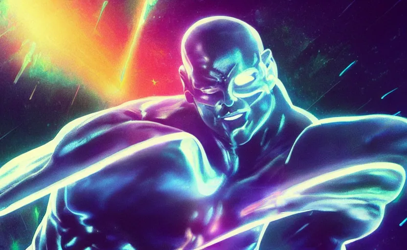 Image similar to silver surfer by bill sienkiewicz, stellar, hiperrealistic neon glow darkness dramatic neon, sharp focus, octane render, imax