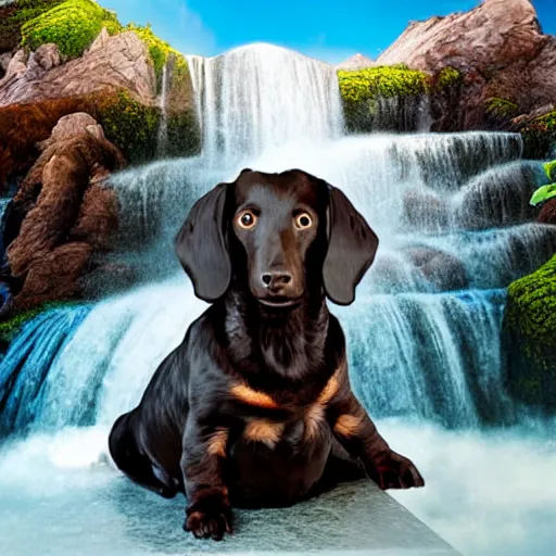 Prompt: black fur dachshund sitting on top of a hill, waterfall in background, matte painting, cartoon