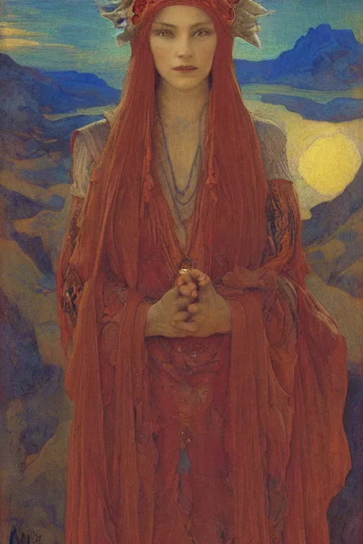 Prompt: queen of the moonlit mountains with her regalia, by Annie Swynnerton and Nicholas Roerich and jean delville, dramatic cinematic lighting , ornate headdress , flowing robes, lost civilizations, extremely detailed