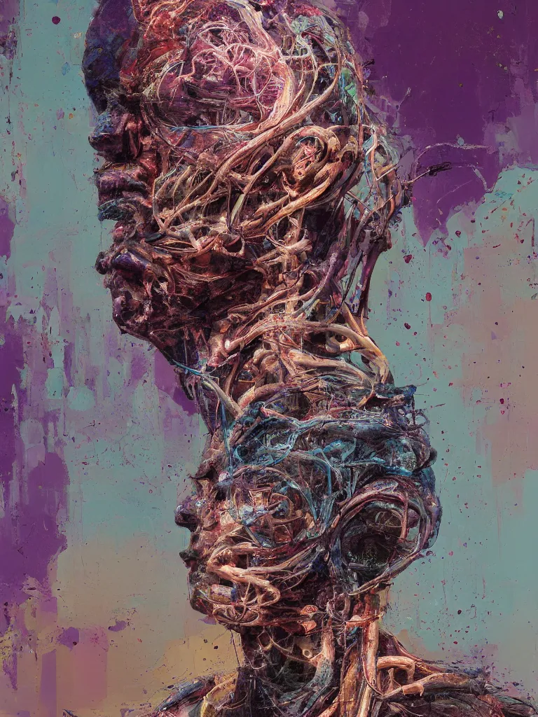 Image similar to a beautiful glitched painting by robert proch of a human anatomy study of the human nervous system, color bleeding, pixel sorting, copper oxide and rust materials, brushstrokes by jeremy mann, cold top lighting, pastel purple greeble background by atelier olschinsky