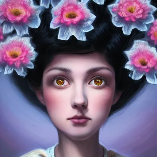 Prompt: an intelligent young women looking at the camera, she has a beautiful unconventional face, there is an explosion of 3 d flowers in the background, elegant, highly detailed, digital painting, artstation, realism, concept art, pop, smooth, mythological, sharp focus, qualia, illustration, art by mark ryden and gaston bussiere 3 d 8 k ultra detailed