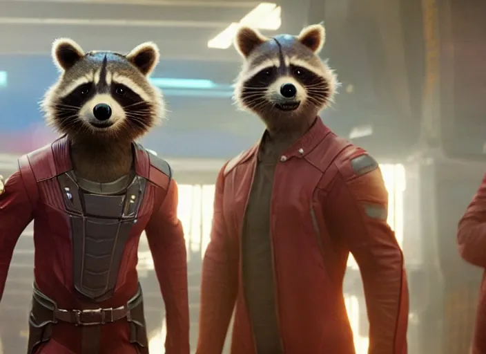 Image similar to film still of Rocket Racoon working at McDonald's in the new Guardians of the Galaxy movie, 4k