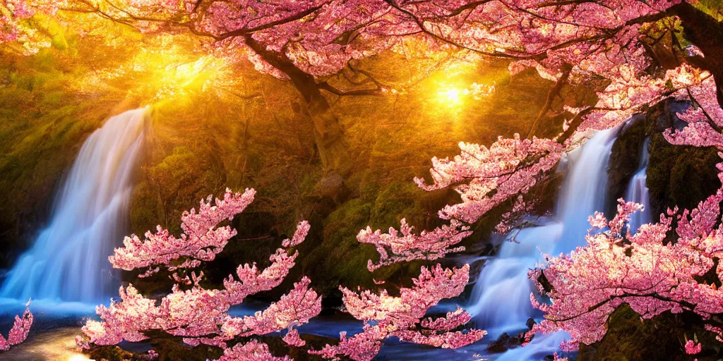 Prompt: about a beateful waterfall with cherry blossom trees, golden rule composition, nature, warm colors, sun rays