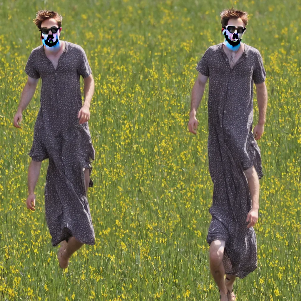 Image similar to robert pattinson in a sundress frolicking through a field