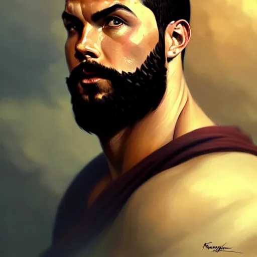 Prompt: Ronaldo with a majestic beard, closeup, D&D, fantasy, intricate, elegant, highly detailed, digital painting, artstation, concept art, matte, sharp focus, illustration, art by Artgerm and Greg Rutkowski and Alphonse Mucha