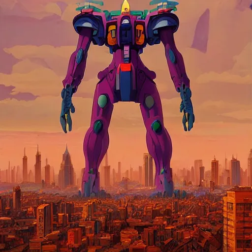 Image similar to giant evangelion stands over city by simon stalenhag, d & d, fantasy, digital painting, unreal engine 5, photorealism, hd quality, 8 k resolution, cinema 4 d, 3 d, cinematic, professional photography, art by artgerm and greg rutkowski and alphonse mucha and loish and wlop