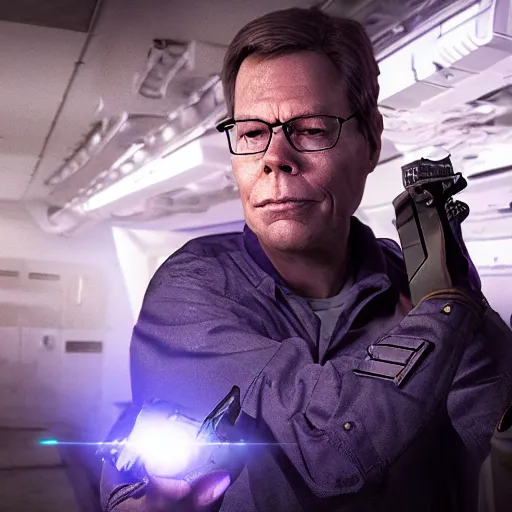 Image similar to bob lazar holding element 1 1 5 with alien, realistic artstyle, wide shot, dramatic lighting, octane render, hyperrealistic, high quality, highly detailed, hd, beautiful, cinematic, 8 k, unreal engine, facial accuracy, symmetrical