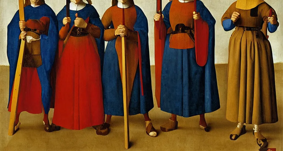 Image similar to a painting of 3 superhero nuns holding nunchucks, medieval painting by Jan van Eyck, Johannes Vermeer