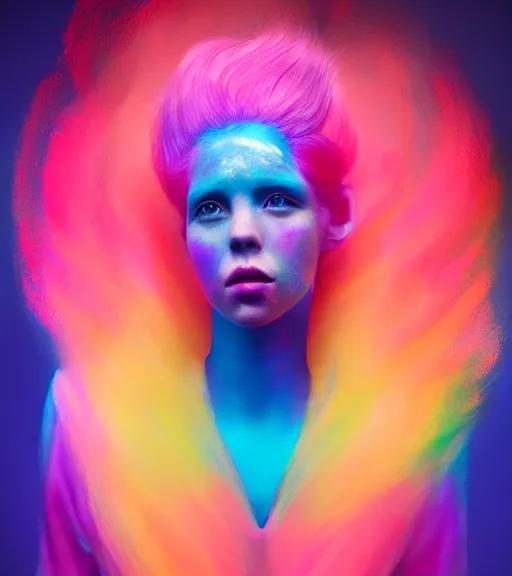 Prompt: dramatic lighting portrait of a beautiful! ethereal ginger young woman wearing latex with cotton candy hair. paint splashes. moody and melancholy. with a little bit of rainbow colors. digital art by beeple