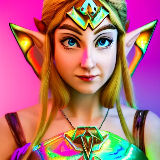 Prompt: princess zelda, neon accents, iridescent lighting, highly detailed 8k photo,