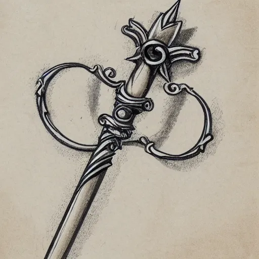 Image similar to technical drawing of a cursed rapier, weapon design, flower adorned, delicate, detailed map, notes, scribbles, old paper