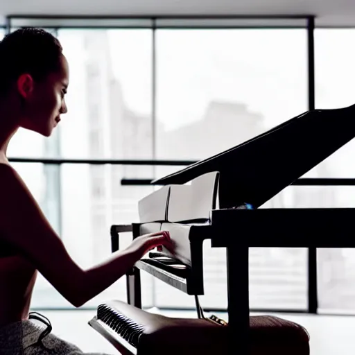 Image similar to a cyborg playing the piano in a futuristic apartment, award winning art, 4k, highly detailed, sharp focus, cinematic lighting, smooth