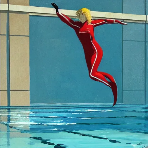 Image similar to a blond lifeguard in a wetsuit jumping into the pool. Makoto shinkai. Repin. Phil Hale