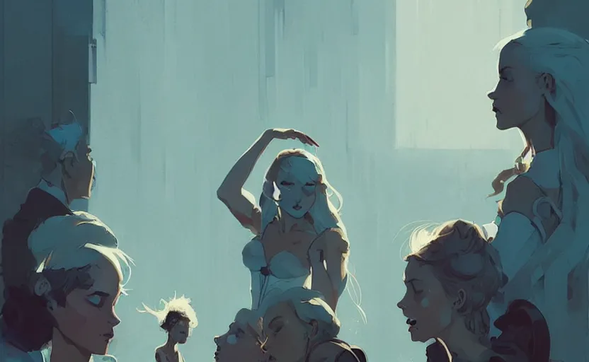 Prompt: celtic woman by atey ghailan, by greg rutkowski, by greg tocchini, by james gilleard, by joe fenton, by kaethe butcher, dynamic lighting, gradient light blue, brown, blonde cream and white color scheme, grunge aesthetic