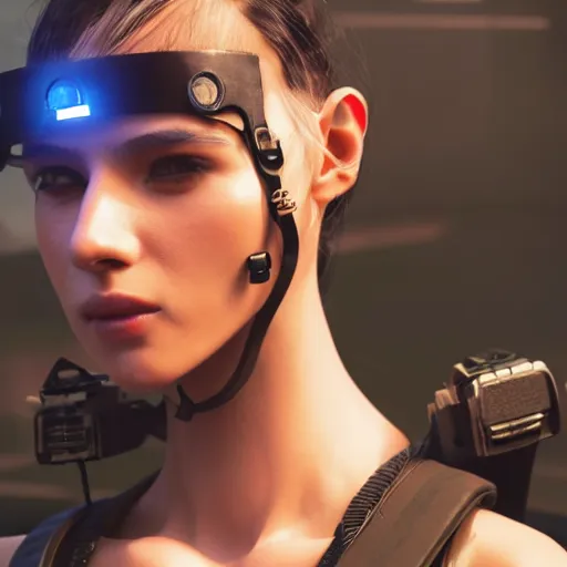 Image similar to trending on artstation 4k, unreal engine render, beautiful close-up illustration of military woman standing in cyberpunk city