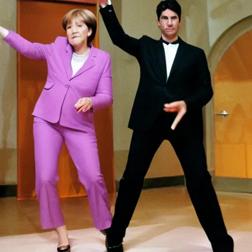 Image similar to A still of Angela Merkel wearing a disco suit in Saturday Night Fever