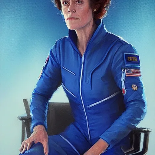 Image similar to portrait of a woman by greg rutkowski, sigourney weaver as an space cargo pilot, she is about 6 0 years old, wearing a cobalt blue utilitarian jumpsuit, highly detailed portrait, digital painting, artstation, concept art, smooth, sharp foccus ilustration, artstation hq