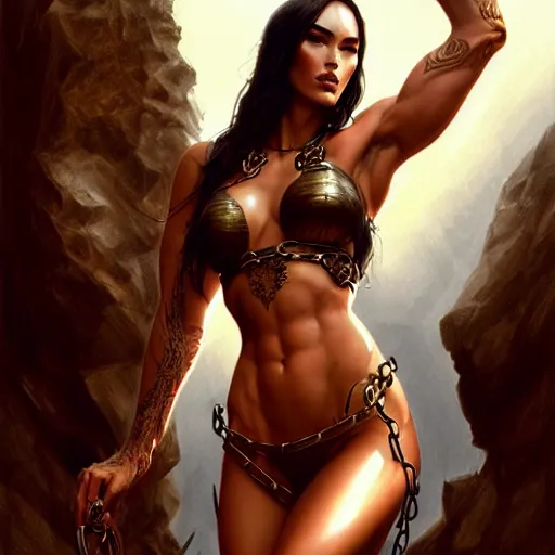 Prompt: megan fox chained to a column, muscular upper body, bikini, fantasy, intricate, elegant, highly detailed, digital painting, artstation, concept art, matte, sharp focus, illustration, art by aenaluck and roberto ferri and greg rutkowski, epic fantasy, digital painting