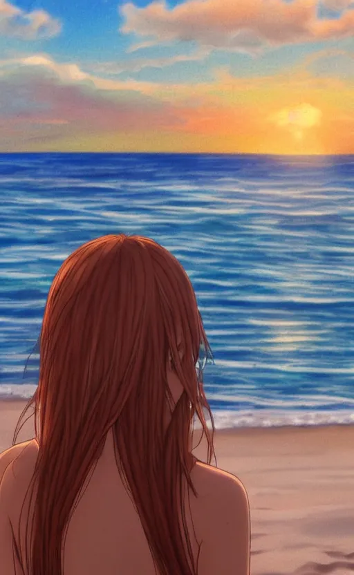 Prompt: woman looking at the sea on the beach during sunset, realistic shaded, highly detailed, anime, realistic