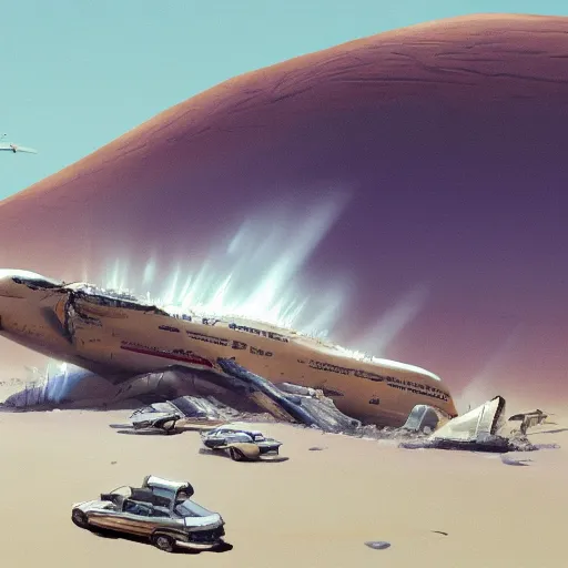 Prompt: 747 crash in the desert, artwork by Craig Mullins,Movie poster, detailed, trending on artstation