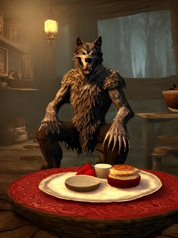 Image similar to cute handsome cuddly burly surly relaxed calm timid werewolf from van helsing sitting down at the breakfast table in the kitchen of a normal country home cooking having fun lighthearted whimsy whimsical baking strawberry tart cakes unreal engine hyperreallistic render 8k character concept art masterpiece screenshot from the video game the Elder Scrolls V: Skyrim