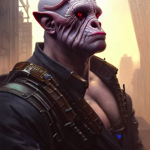 Image similar to portrait painting of a cyberpunk orc medic muscular michael sheen, ultra realistic, concept art, intricate details, eerie, highly detailed, photorealistic, octane render, 8 k, unreal engine. art by artgerm and greg rutkowski and charlie bowater and magali villeneuve and alphonse mucha