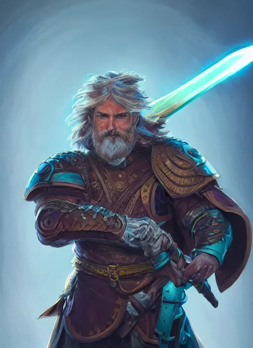 Image similar to Middle-aged paladin with a glowing teal halberd, Glowing white eyes, shaggy hair, sad, scruffy beard, dungeons and dragons portrait, highly detailed, digital painting, artstation, concept art, sharp focus, illustration, art by artgerm and greg rutkowski and alphonse mucha, Unreal Engine, 8k, HD