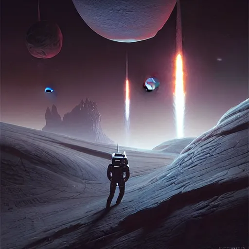 Prompt: astronaut exploring a strange surface of another planet, astronat sees signs of ancient civilization, ultra high definition, ultra detailed, symmetry, sci - fi, dark fantasy, by greg rutkowski and wayne barlowe