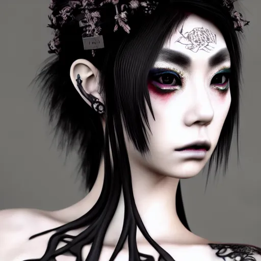 Image similar to japanese gothic model with maximalist hair style and kanji tattoos, dark colors, fashion model, portrait shot, depth of field, 8 k, hyper detailed, intricate, trending on artstation