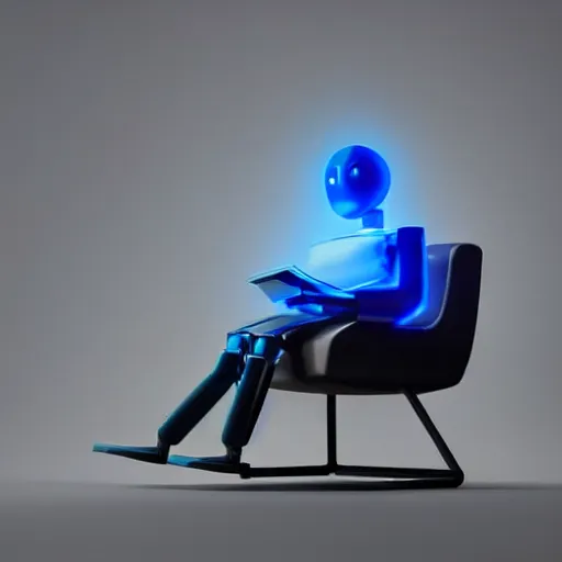 Prompt: futuristic lonely matte dark gray and glossy blue humanoid robot with legs, with huge expressive comically sad LED eyes and open rectangular mouth sitting facing to the left, reading a hardbound leather book on a large comfortable cushioned vintage recliner. Cinematic Lighting, Cinematic Movie Photograph, Arri Alexa, Extremely Detailed, smooth, very very clean, simple, 8K, octane render, maya render, unreal engine, trending on artstation, DSLR, excellent composition, moody