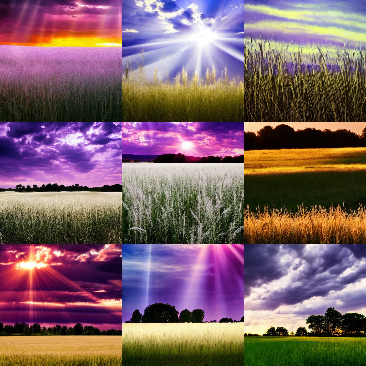 Prompt: fields of white tall grass, dark sky, purple dusk, sunrays, shadows