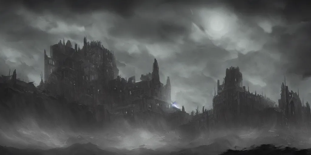 Image similar to grimdark fantasy fortress, terrifying, looming, dark, fog, artstation