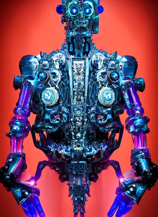 Prompt: baroque and cyberpunk style full-body sculpture of a young evil Hispanic prince half android with a chest exposing a glowing ruby battery, glowing pink seductive laser eyes, crown of blue gears and diamonds, swirling salmon-colored silk fabric, robotic raptors dinosaurs. baroque elements. full-length view. intricate artwork by caravaggio. art by Artgerm and Greg Rutkowski and Alphonse Mucha, Trending on artstation, cinematic industrial lighting, photorealistic, octane render, 8k, depth of field, 3D