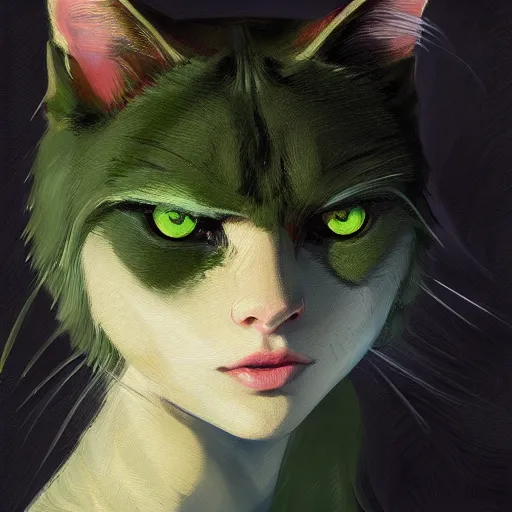 Image similar to A potrait of a green cat with big red eyes, fine-face, realistic shaded perfect face, fine details. Night setting. Very anime style. Realistic shaded lighting poster by Ilya Kuvshinov katsuhiro, magali villeneuve, artgerm, Jeremy Lipkin and Michael Garmash, Rob Rey and Kentarõ Miura style, trending on art station