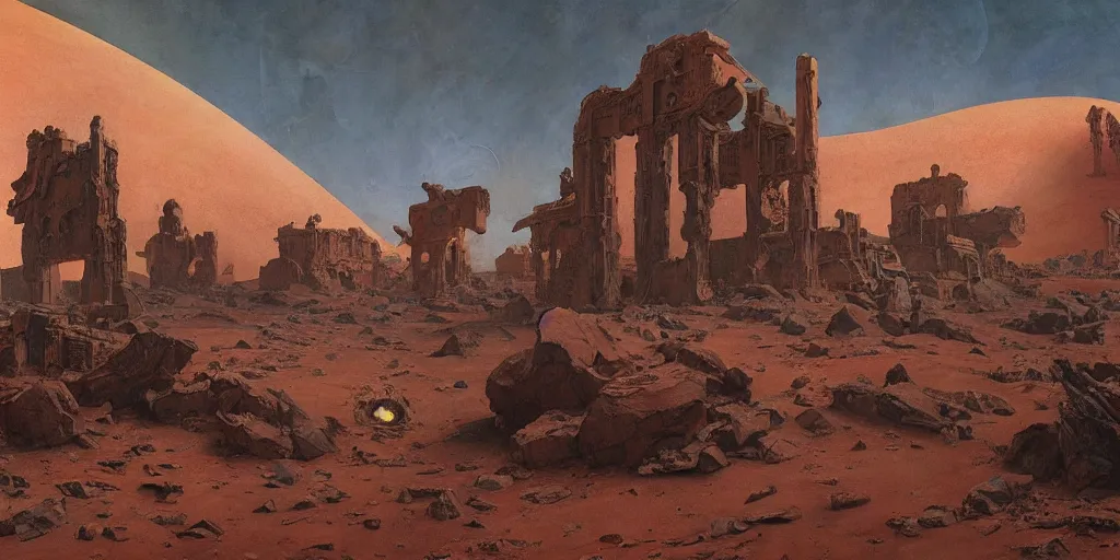 Prompt: ruins of an acient art deco civilization on mars, red desert, painted by ruan jia, raymond swanland, lawrence alma tadema, zdzislaw beksinski, norman rockwell, jack kirby, tom lovell, alex malveda, greg staples