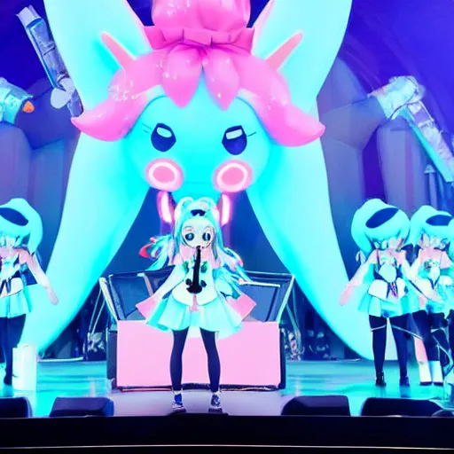 Prompt: magical mirai concert, hatsune miku on stage, high quality photo