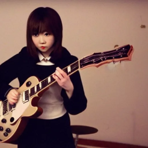 Image similar to real-life Yui Hirasawa with a Gibson Pre-'08 Les Paul Standard, a still of a Japanese music movie