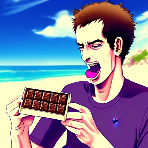 Image similar to andy murray eating chocolate on the beach, sunshine, illustration, manga, anime, trending on artstation