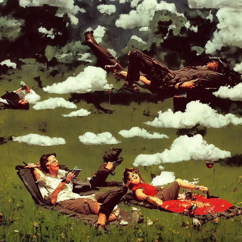 Image similar to a lounge on the edge of a meadow. billowing clouds. highly detailed science fiction painting by norman rockwell, frank frazetta, and syd mead. rich colors, high contrast, gloomy atmosphere, dark background. trending on artstation.